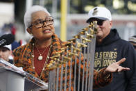 The Widow of Hank Aaron, Billye Aaron, speaks during a celebration at Truist Park, Friday, Nov. 5, 2021, in Atlanta. The Braves beat the Houston Astros 7-0 in Game 6 on Tuesday to win their first World Series MLB baseball title in 26 years. (AP Photo/John Bazemore)