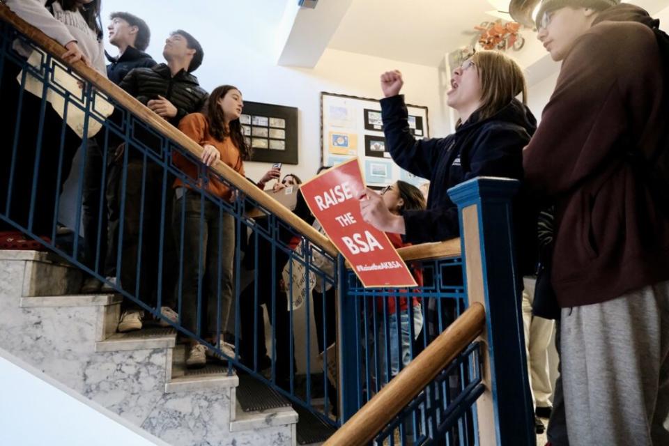 Juneau-Douglas High School students flooded the Capitol demanding an increase to the formula that funds the state's public schools on April 4, 2024. (Photo by Claire Stremple/Alaska Beacon)