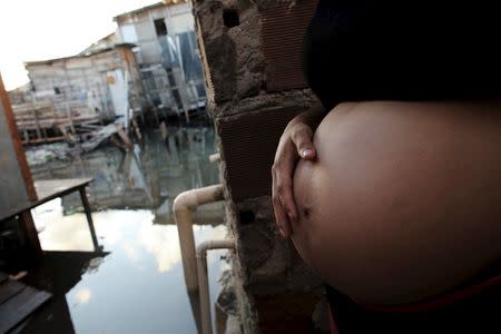 Patricia Araujo, 23, who is seven months pregnant, stands in front of her stilt house, a lake dwelling also known as palafitte or 'Palafito', in Recife, Brazil, February 8, 2016. REUTERS/Nacho Doce