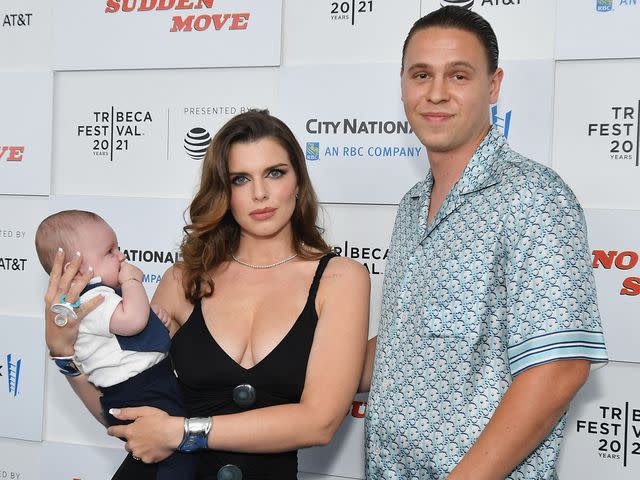 <p>ANGELA WEISS/AFP/Getty</p> Julia Fox holds her son Valentino as she attends the premiere of "No Sudden Move" with Peter Artemiev during the 2021 Tribeca Festival on June 18, 2021 in New York City.