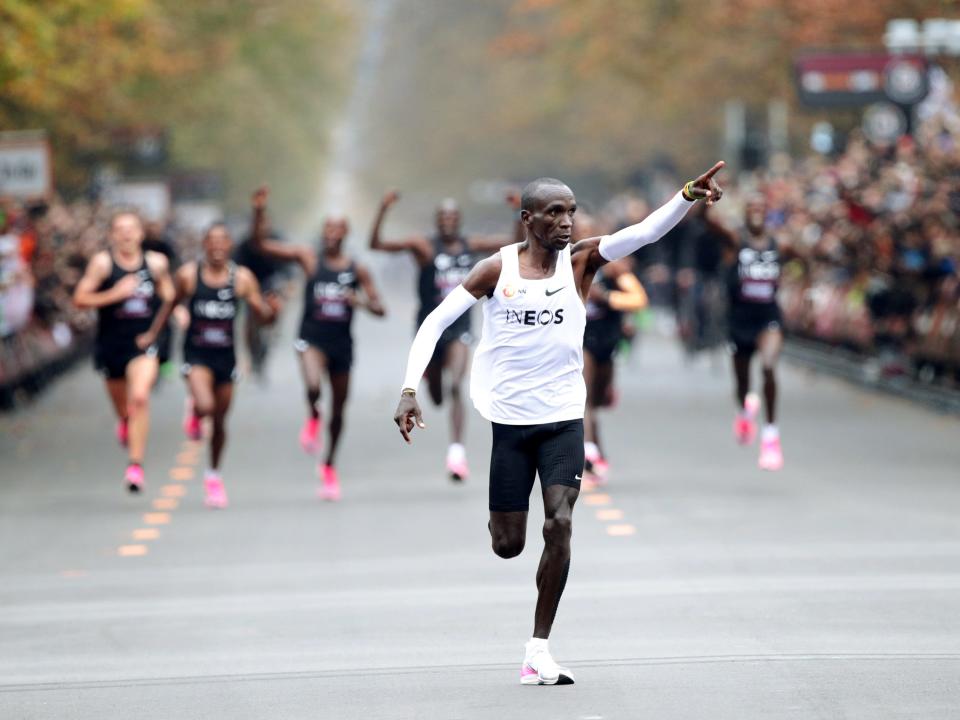 Kenya's Eliud Kipchoge, the marathon world record holder, crosses the finish line during his attempt to run a marathon in under two hours in Vienna, Austria, October 12, 2019. REUTERS/Lisi Niesner