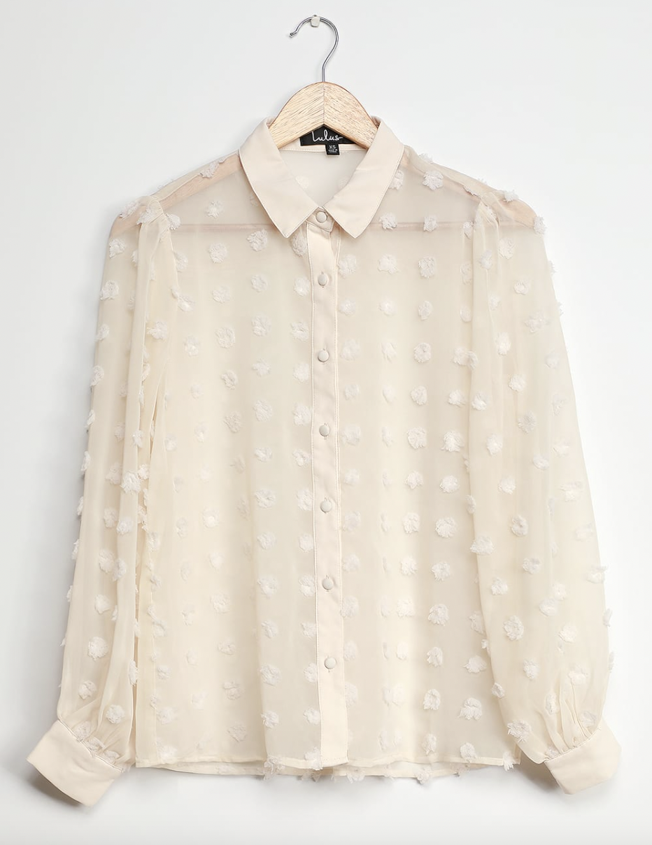 <p><a href="https://go.redirectingat.com?id=74968X1596630&url=https%3A%2F%2Fwww.lulus.com%2Fproducts%2Fsecret-spot-cream-dotted-sheer-long-sleeve-button-up-top%2F1064162.html&sref=https%3A%2F%2Fwww.seventeen.com%2Ffashion%2Fg42087732%2Fgender-neutral-non-binary-prom-outfits%2F" rel="nofollow noopener" target="_blank" data-ylk="slk:Shop Now;elm:context_link;itc:0;sec:content-canvas" class="link ">Shop Now</a></p><p>Secret Spot Cream Dotted Sheer Button-Up Top</p><p>$46.00</p><p>lulus.com</p>