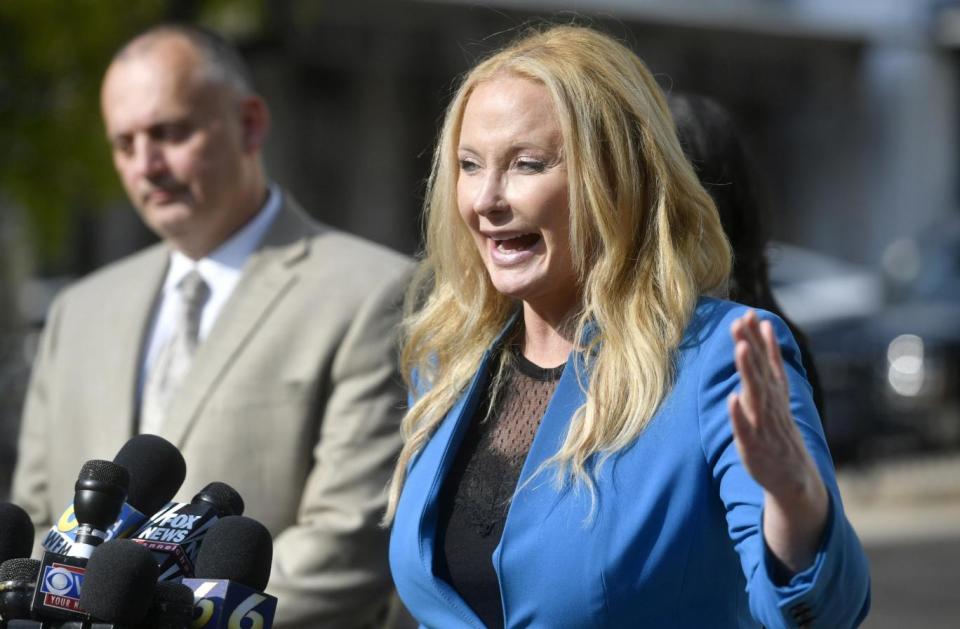 District attorney Stacy Park Miller talks to the media after a day of the preliminary hearing for the members of Beta Theta Pi charged in Piazza's death (Abby Drey /Centre Daily Times via AP)
