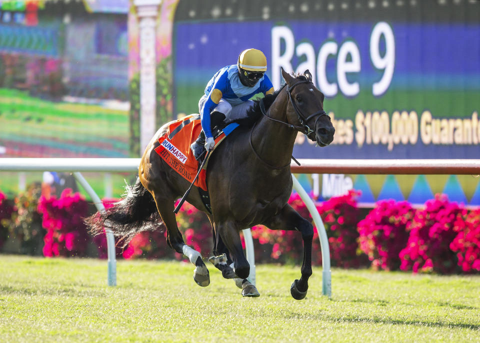 In this image provided by Benoit Photo, Hit the Road, with Umberto Rispoli aboard, wins the $100,000 Runhappy Oceanside Stakes horse race Friday, July 10, 2020, at Del Mar Thoroughbred Club in Del Mar, Calif. (Benoit Photo via AP)