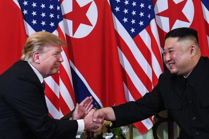 <div class="inline-image__caption"><p>President Donald Trump shakes hands with North Korea's leader Kim Jong Un following a meeting at the Sofitel Legend Metropole hotel in Hanoi on February 27, 2019. </p></div> <div class="inline-image__credit">SAUL LOEB/AFP/Getty</div>