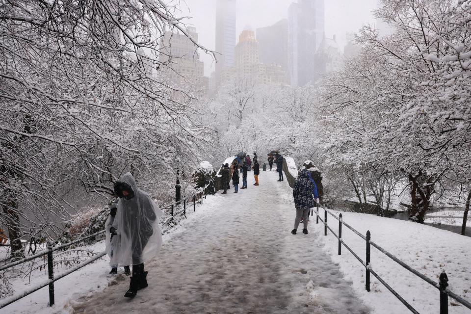 People walk through the falling snow in Central Park on February 13, 2024 in New York City (AFP via Getty Images)