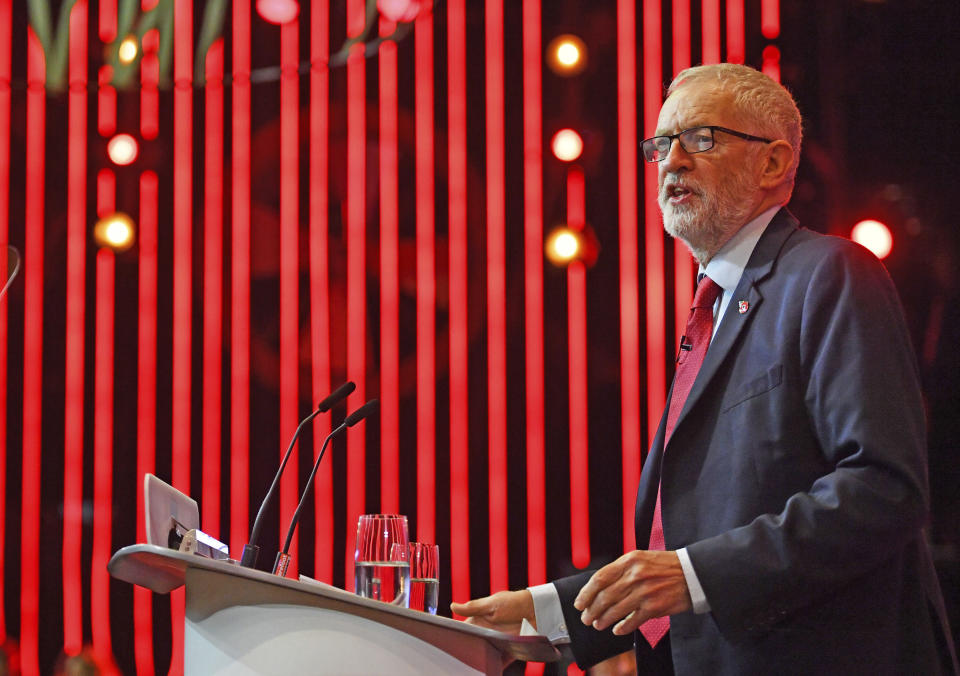 Britain's Labour Party leader Jeremy Corbyn speaks to supporters in Liverpool, England, Thursday Nov. 7, 2019. All 650 seats in the House of Commons are up for grabs in the Dec. 12 election, which is coming more than two years early. Some 46 million British voters are eligible to take part in the country's first December election in 96 years. (Jacob King/PA via AP)