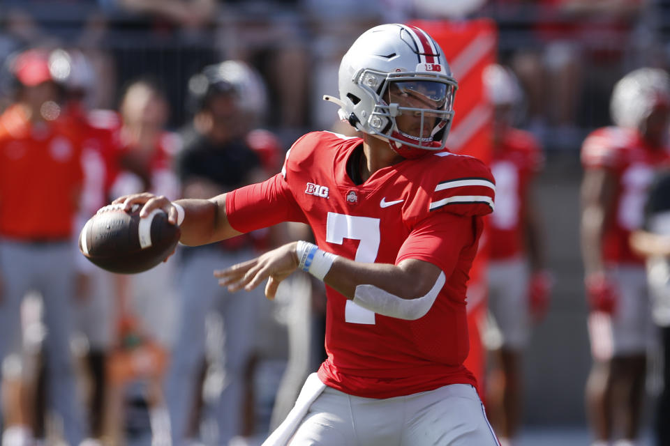 Ohio State quarterback C.J. Stroud drops back to pass against Tulsa during the first half of an NCAA college football game Saturday, Sept. 18, 2021, in Columbus, Ohio. (AP Photo/Jay LaPrete)