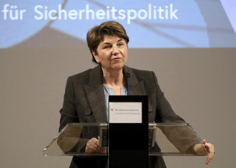 FILE - Swiss Defense Minister Viola Amherd delivers a speech during a meeting with Austrian Defense Minister Mario Kunasek and German Defense Minister Ursula von der Leyen in Vienna, Austria, on Jan. 18, 2019. On Sunday Oct. 22, 2023 Swiss voters elect the two houses of parliament, an exercise every four years that will ultimately shape the future composition of the Alpine country’s executive branch: The Federal Council. (AP Photo/Ronald Zak, File)