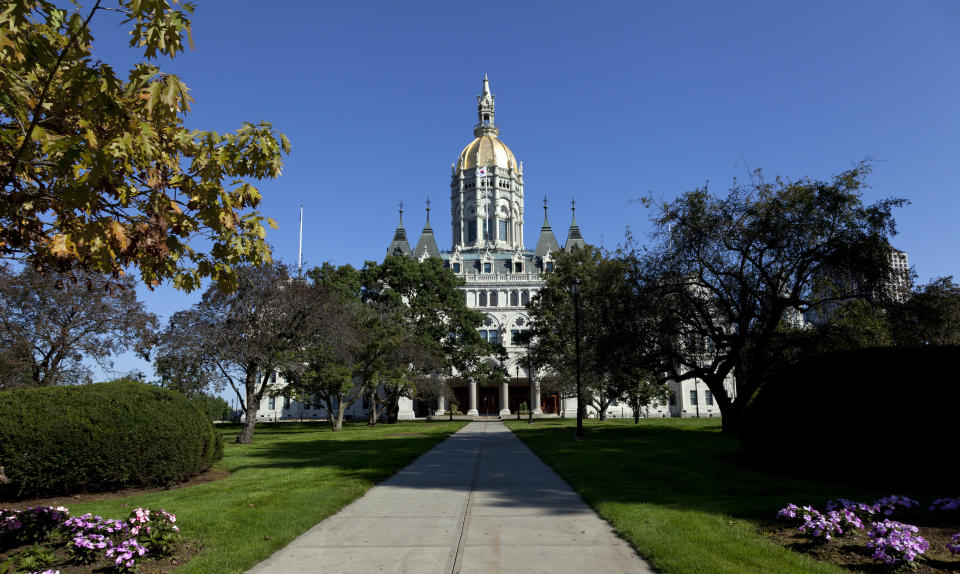 UNITED STATES - OCTOBER 10:  The Connecticut State Capitol is located north of Capitol Avenue and south of Bushnell Park in Hartford, Connecticut (Photo by Carol M. Highsmith/Buyenlarge/Getty Images)