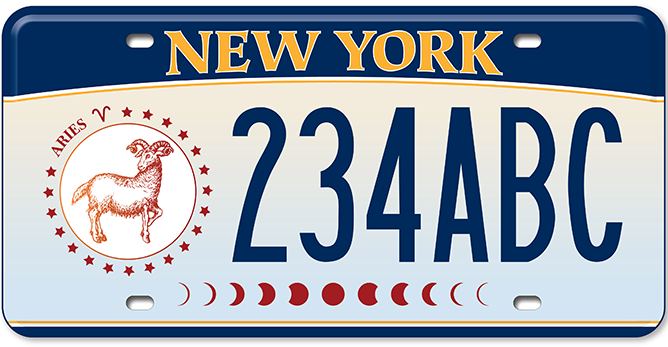 The New York State Department of Motor Vehicles debuted new custom zodiac license plates on Wednesday.  The Aries-specific picture is orange and contains the Aries symbol of a ram.