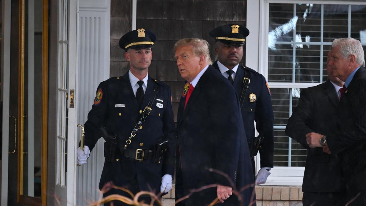 PHOTO: Former President Donald Trump arrives for the wake for New York Police Department (NYPD) Officer Jonathan Diller in Massapequa, Long Island, N.Y., March 28, 2024.  (Angela Weiss/AFP via Getty Images)