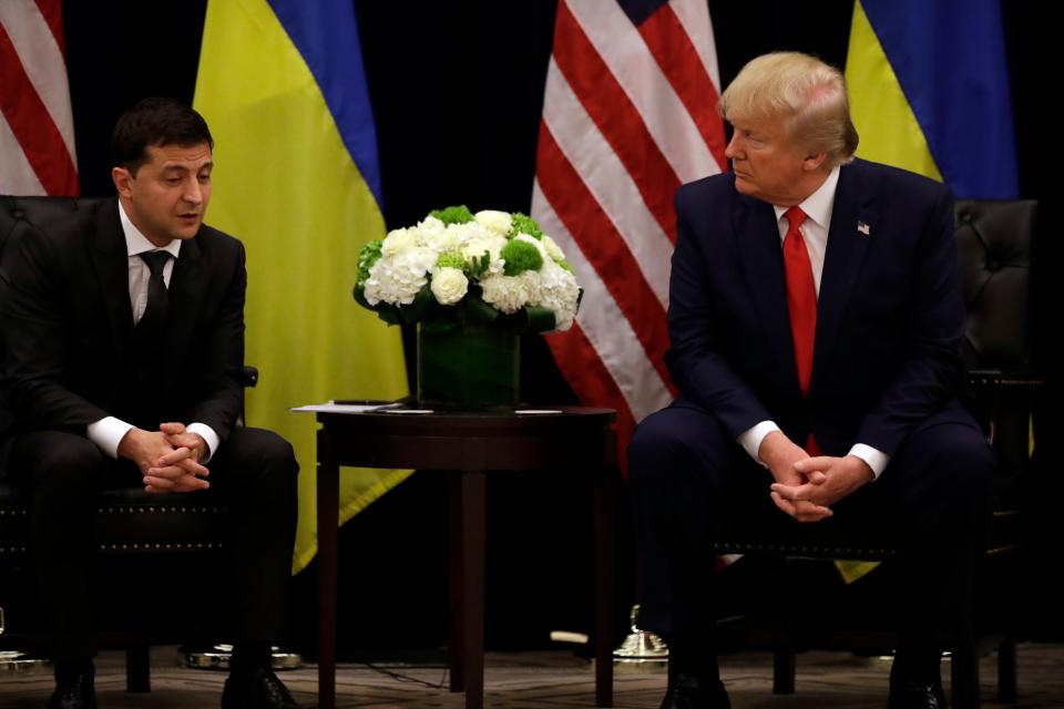 President Donald Trump meets with Ukrainian President Volodymyr Zelenskiy at the InterContinental Barclay New York hotel during the United Nations General Assembly, Wednesday, Sept. 25, 2019, in New York. (AP Photo/Evan Vucci) ORG XMIT: NYEV876