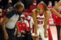 North Carolina State's Kayla Jones (25) speaks with an official during the first half of an NCAA college basketball game against Duke, Sunday, Jan. 16, 2022, in Raleigh, N.C. (AP Photo/Karl B. DeBlaker)