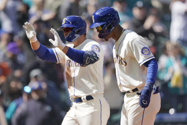 Seattle Mariners first baseman Ty France wears a San Diego State