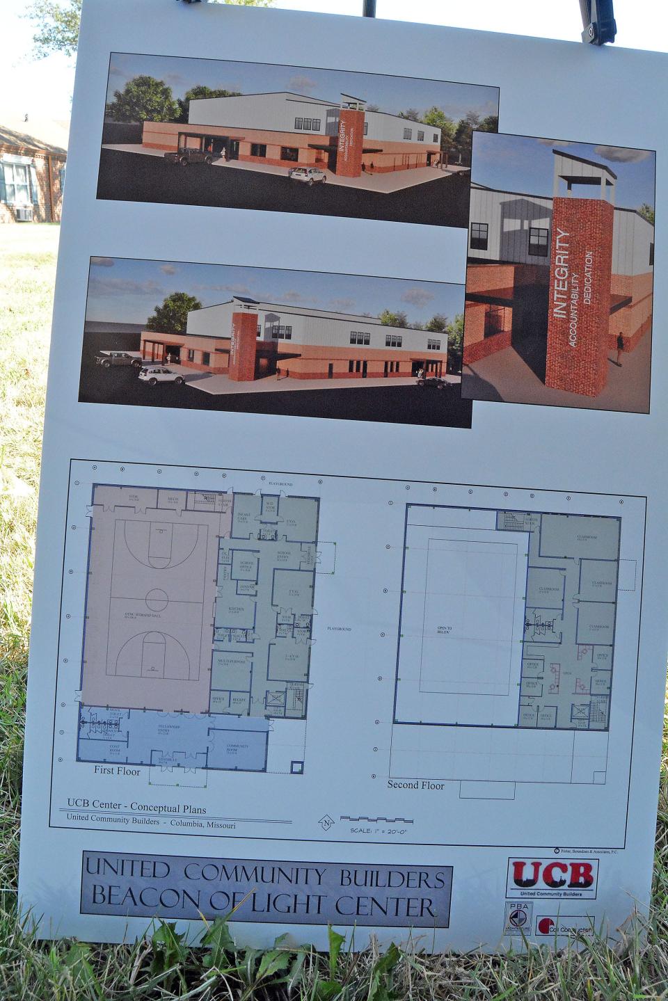 A rendering of the planned Beacon of Light Community Center from United Community Builders is displayed Wednesday at a groundbreaking on Towne Drive.