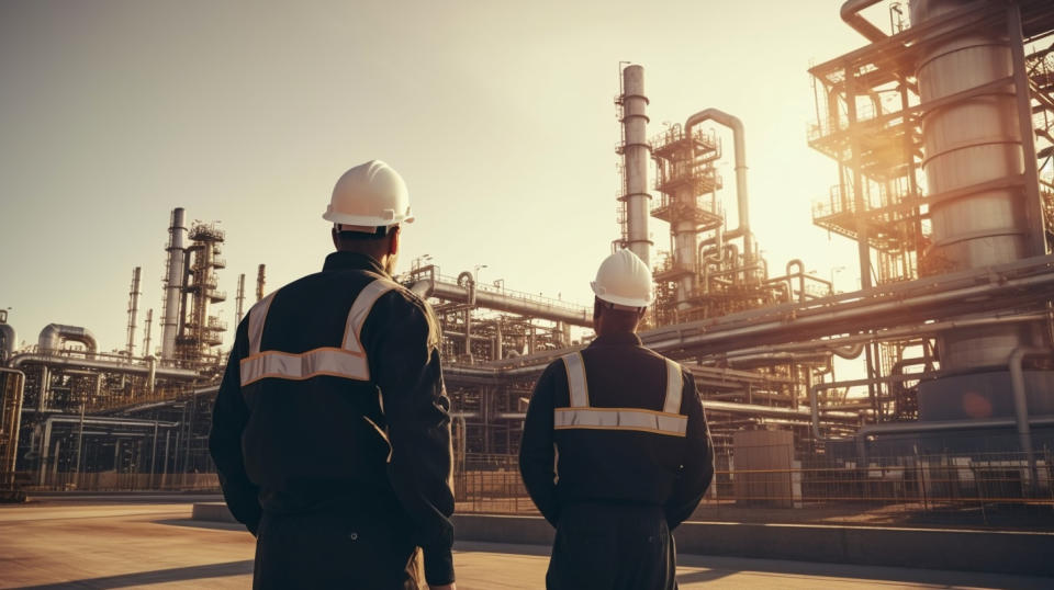 Industry workers in a natural gas distribution facility, monitoring the location of pipelines.