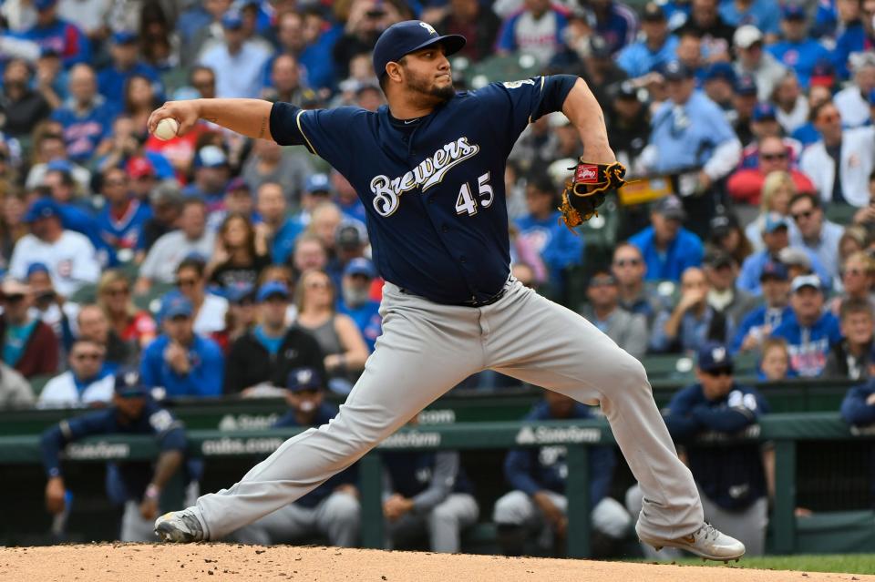 Milwaukee Brewers starting pitcher Jhoulys Chacin during the first inning of a tie-breaking baseball game against the Chicago Cubs on Monday, Oct. 1, 2018, in Chicago.