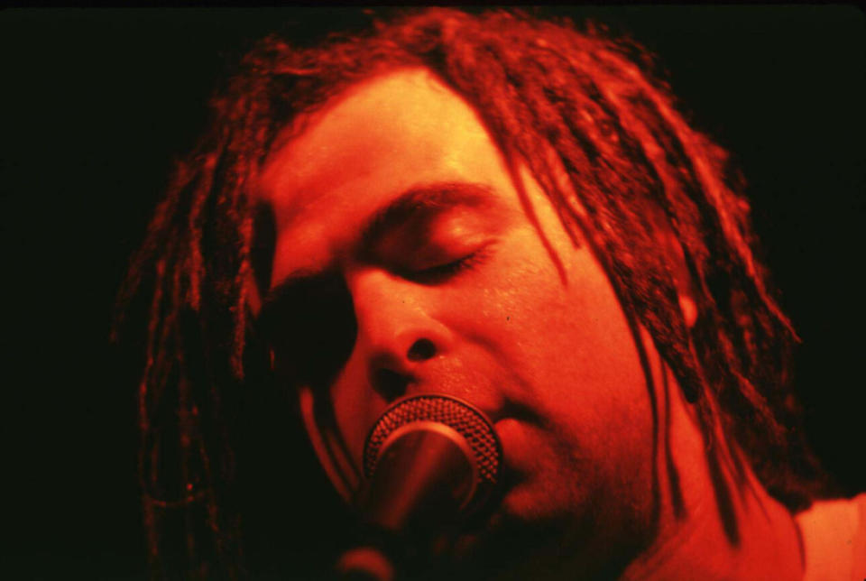 We looked for a photo of Adam Duritz sleeping onstage—that would have been weird, but it would have fit the whole “sleeping and dreaming” theme. Anyway, we settled for “singing with his eyes closed during a 1993 performance in New York.” (Photo credit: Steve Eichner/WireImage, via Getty Images)