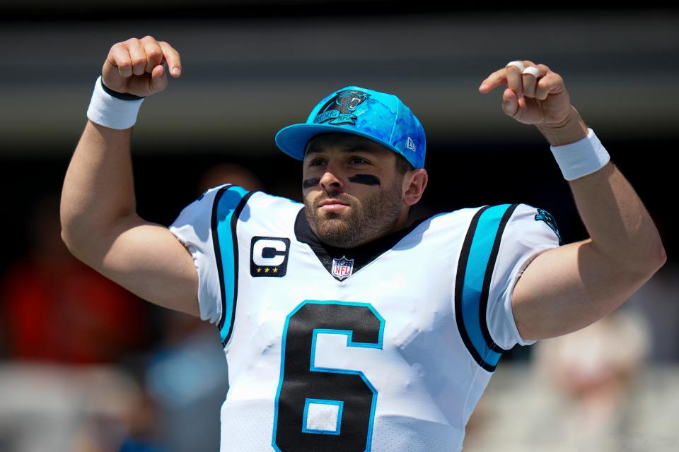 Panthers quarterback Baker Mayfield gets ready to play the Browns on Sunday, Sept. 11, 2022, in Charlotte, N.C.