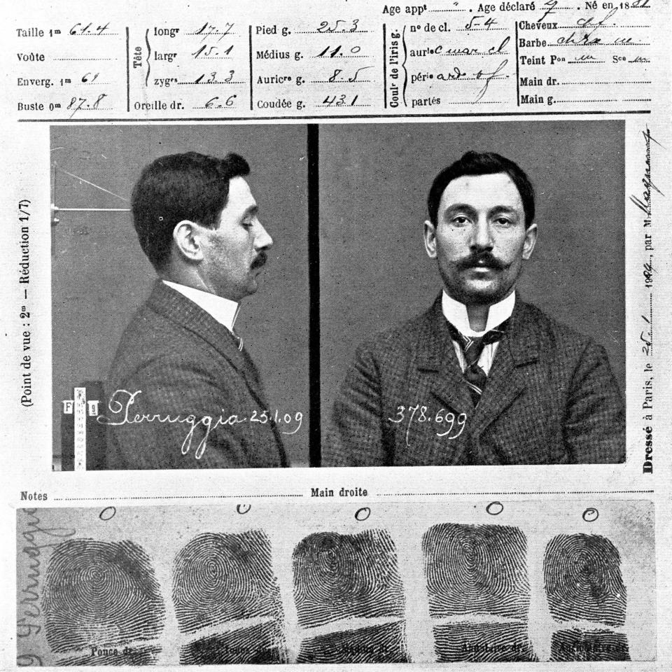 The police record of Louvre employee Vincenzo Peruggia, who stole the Mona Lisa in 1911 - Roger Viollet/Getty 