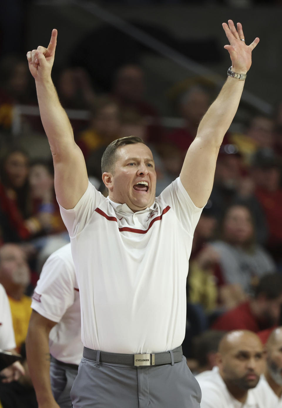 Iowa State head coach T.J. Otzelberger yells out instructions to his team during the second half of an NCAA college basketball game against Oklahoma, Saturday, Feb. 25, 2023, in Ames, Iowa. (AP Photo/Justin Hayworth)