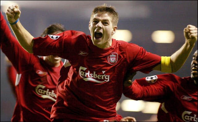 Gerrard celebrates a stunning trademark strike against Olympiakos in 2004, which sealed Liverpool's place in the Champions League knockout stage