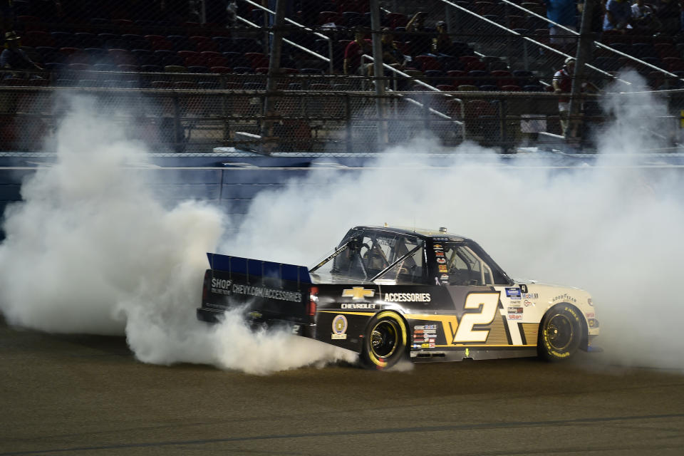 AVONDALE, ARIZONA - NOVEMBER 06: Sheldon Creed, driver of the #2 Chevy Accessories/Trench Shoring Chevrolet, celebrates with a burnout after winning the NASCAR Gander RV & Outdoors Truck Series Lucas Oil 150 at Phoenix Raceway on November 06, 2020 in Avondale, Arizona. (Photo by Jared C. Tilton/Getty Images)