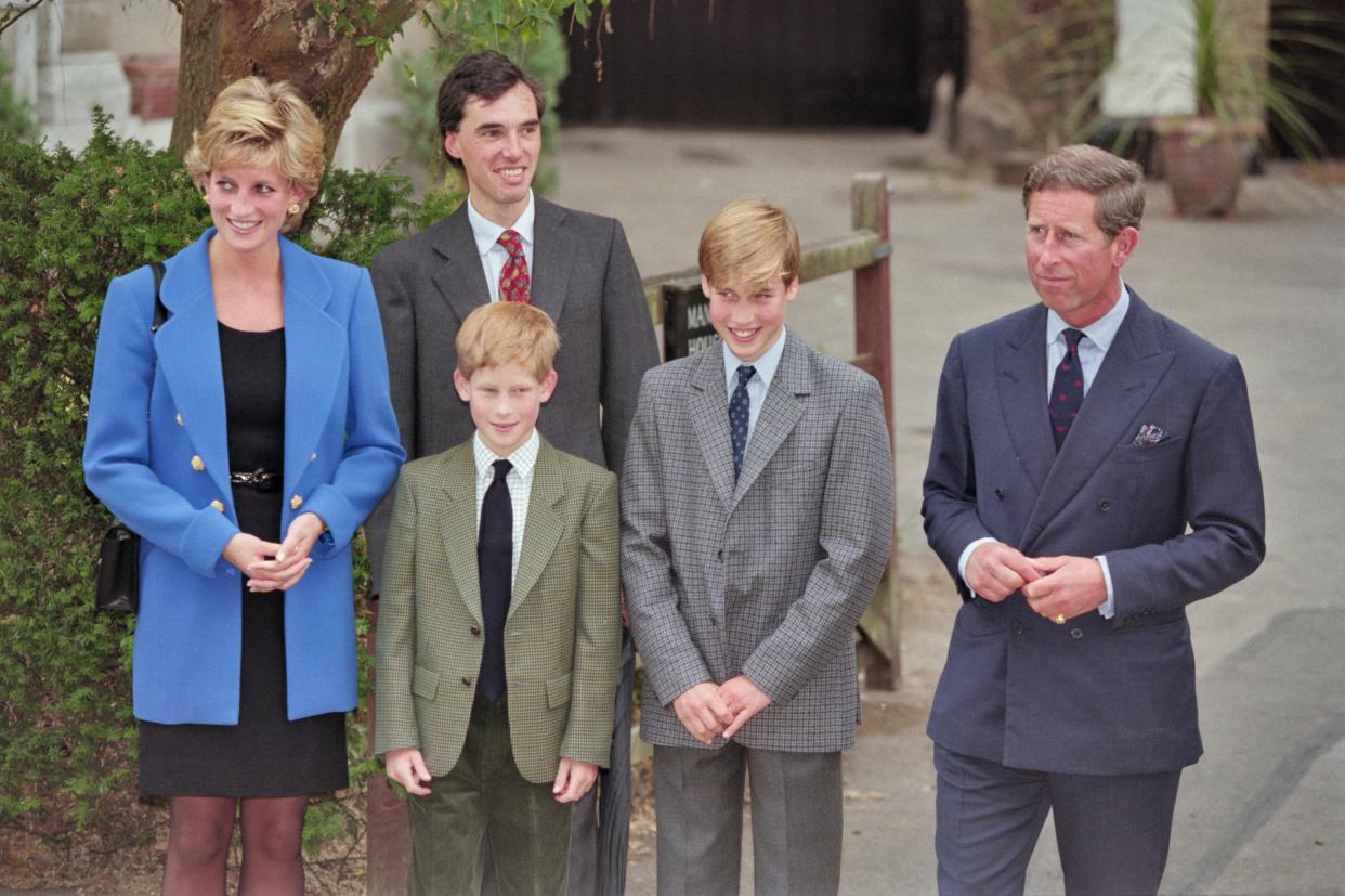 <p>British Royal Diana, Princess of Wales (1961-1997), wearing a blue jacket over a black dress, with Eton housemaster Dr Andrew Gailey, Prince Harry, Prince William, and Prince Charles outside Manor House on Prince William's first day at Eton College in Eton, Berkshire, England, 16th September 1995</p> (Photo by Princess Diana Archive/Hulton Archive/Getty Images)