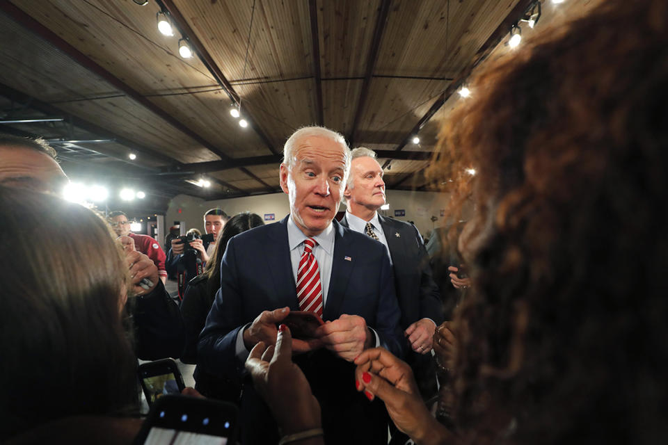 Democratic presidential candidate, former Vice President Joe Biden, greets supporters after speaking at a campaign event in Columbia, S.C., Tuesday, Feb. 11, 2020. (AP Photo/Gerald Herbert)