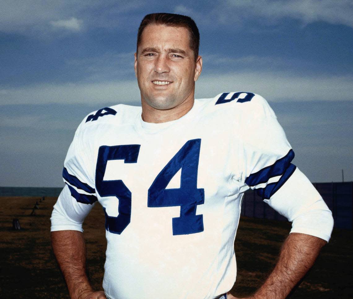 FILE - Dallas Cowboys linebacker Chuck Howley is shown in 1968. Super Bowl MVP Chuck Howley and All-Pro defenders Joe Klecko and Ken Riley are finalists for the Pro Football Hall of Fame’s class of 2023. The defenders who starred in the 1960s, 70s and 80s were announced Wednesday, Aug. 17, 2022, as the three senior candidates for next year’s Hall of Fame class from a list of 12 semifinalists. (AP Photo, File)