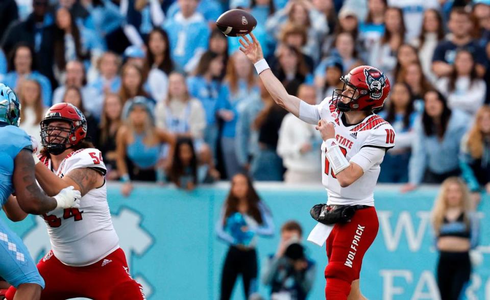 N.C. State quarterback Ben Finley (10) passes during the first half of N.C. State’s game against UNC at Kenan Stadium in Chapel Hill, N.C., Friday, Nov. 25, 2022.