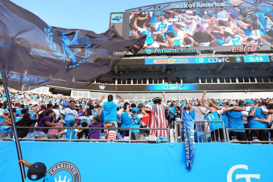 Jul 3, 2024; Charlotte, North Carolina, USA; Fans cheer in the first half between Charlotte FC and Inter Miami CF at Bank of America Stadium. Mandatory Credit: Jim Dedmon-USA TODAY Sports