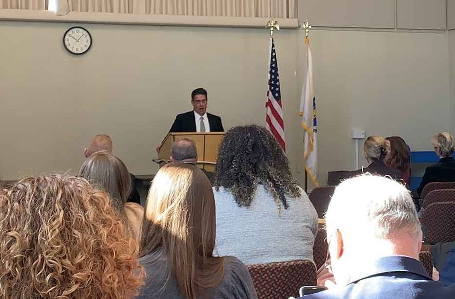 State Sec. of the Executive Office of Public Safety and Security Terrance Reidy addresses leaders from various law enforcement and government agencies, and outreach programs and advocates Monday at the Worcester Public Library about what's being done to combat human trafficking within the state and beyond.