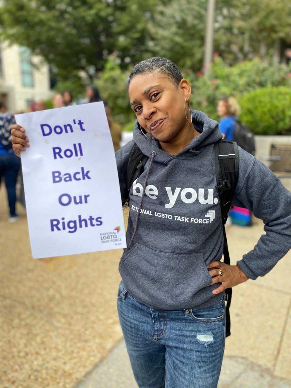 Kierra Johnson pictured at a rally Tuesday outside the Supreme Court.