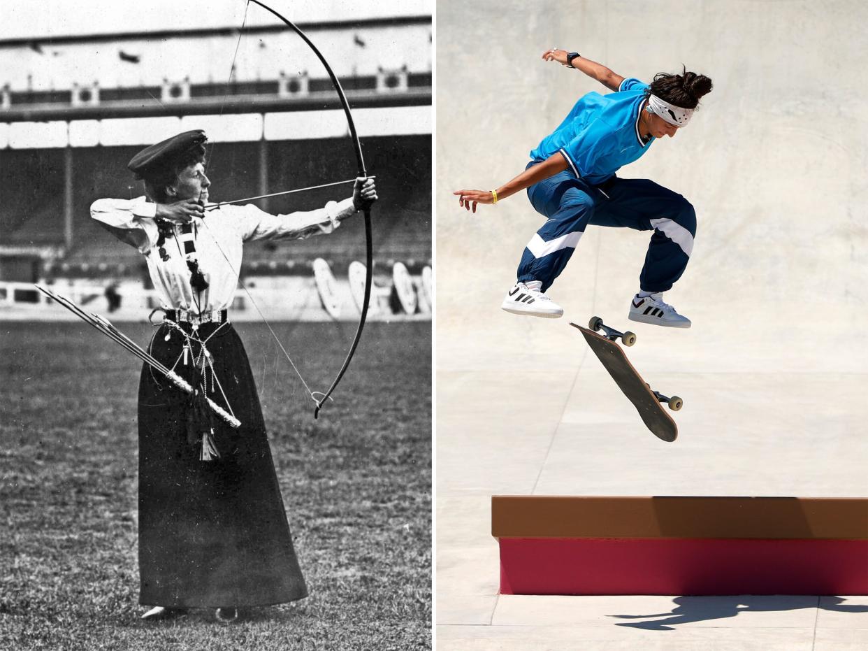 Left: A black and white photo of a woman doing archery. Right: A woman skateboards over a red ramp.