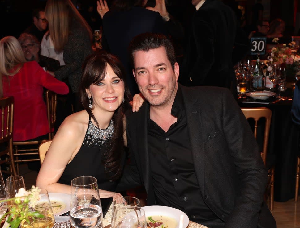 Zooey Deschanel and Jonathan Scott attend the Jam for Janie GRAMMY Awards Viewing Party presented by Live Nation at Hollywood Palladium on February 04, 2024 in Los Angeles, California.