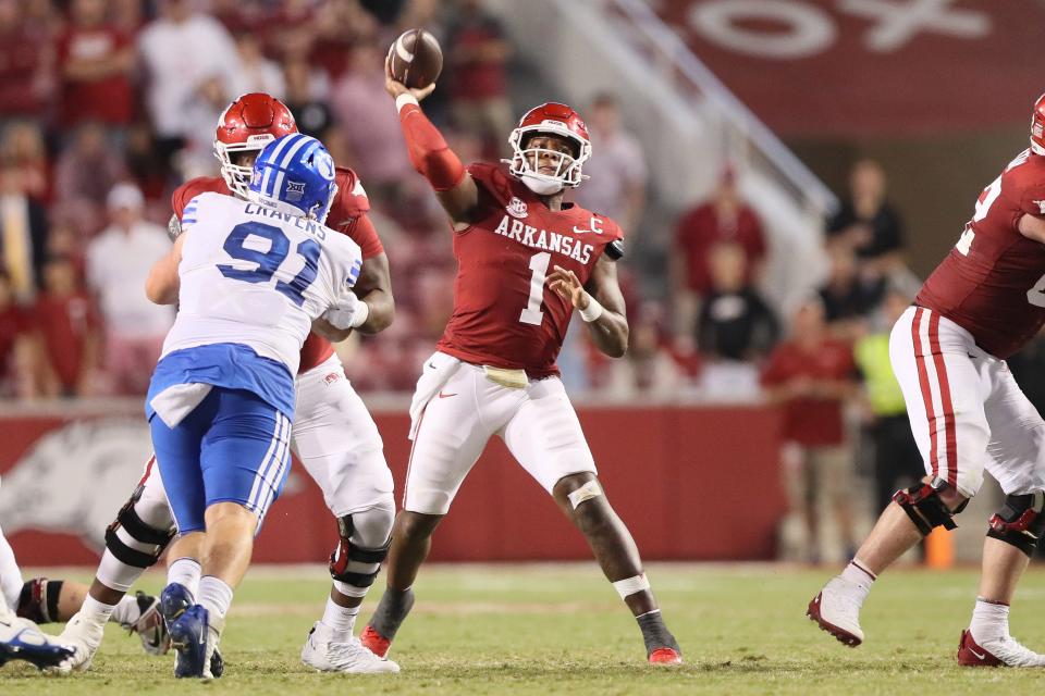 Sep 16, 2023; Fayetteville, Arkansas, USA; Arkansas Razorbacks quarterback KJ Jefferson (1) passes during the fourth quarter against the BYU Cougars at Donald W. Reynolds Razorback Stadium. BYU won 38-31. Mandatory Credit: Nelson Chenault-USA TODAY Sports