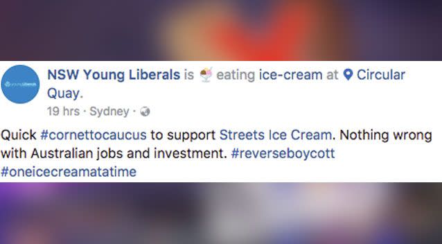 On Thursday, the photo of the Young Liberals enjoying a Streets Cornetto at Sydney’s Circular Quay. Photo: Facebook