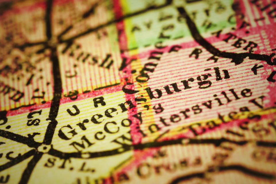 Greensburg, Indiana on 1880's map. Selective focus and Canon EOS 5D Mark II with MP-E 65mm macro lens.