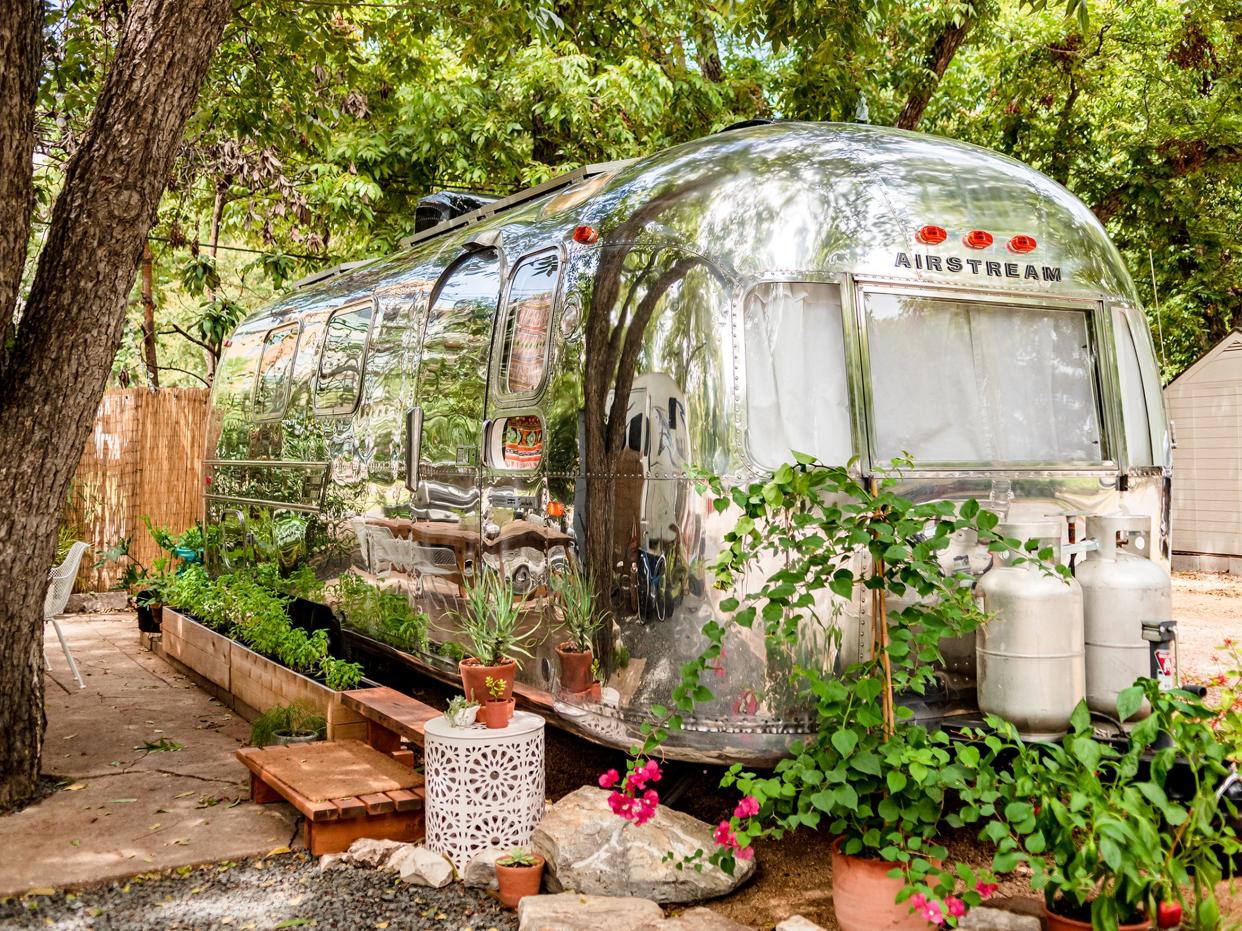 The exterior of the converted Airstream mobile home.