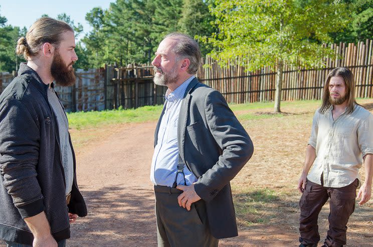 The Walking Dead: Justin Kucsulain as Ethan, Xander Berkeley as Gregory, and Tom Payne as Jesus. 