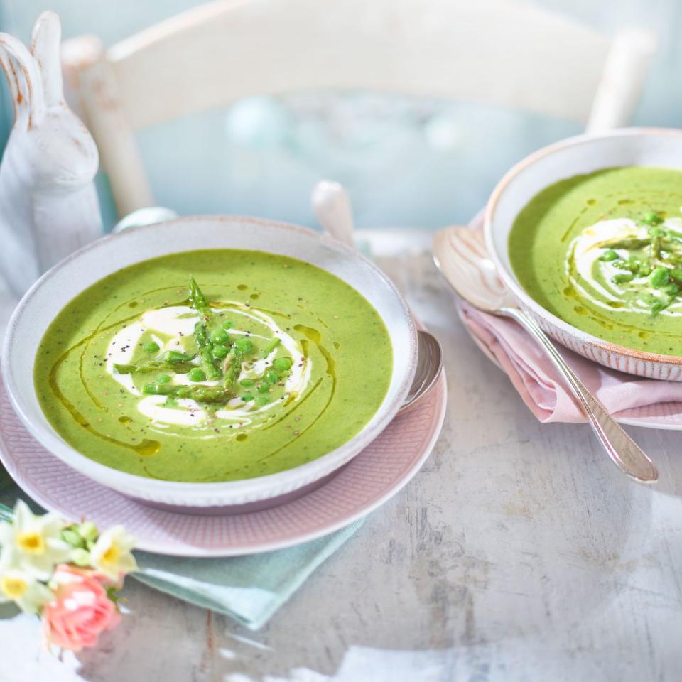 <p>Fresh, bright and light, a great start to a spring meal.</p><p><strong>Recipe: <a href="https://www.goodhousekeeping.com/uk/food/a27452056/pea-mint-and-asparagus-soup/" rel="nofollow noopener" target="_blank" data-ylk="slk:Pea, Mint and Asparagus Soup;elm:context_link;itc:0;sec:content-canvas" class="link ">Pea, Mint and Asparagus Soup</a></strong></p>