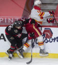 Ottawa Senators center Colin White collides with Calgary Flames left wing Matthew Tkachuk along the boards during the first period of an NHL hockey game Thursday, Feb. 25, 2021, in Ottawa, Ontario. (Adrian Wyld/The Canadian Press via AP)