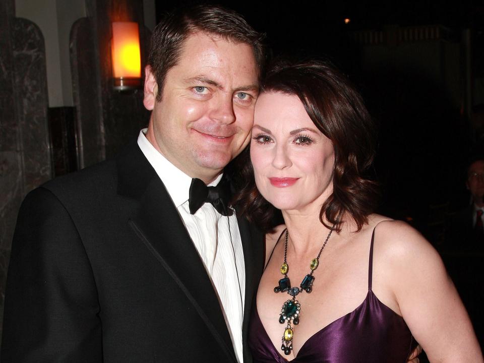 Megan Mullally and husband Nick Offerman pose at the Opening Night Party for "Young Frankenstein" at the New Broadway Musical by Mel Brooks at The Empire State Building on November 8, 2007 in New York City