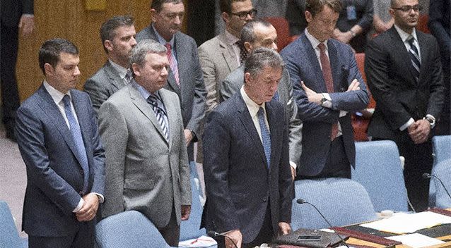 Ukrainian U.N. Ambassador Yuriy Sergeyev, centre, stands for a moment of silence for the lives lost on Malaysia Airlines Flight 17 on Thursday during a meeting at United Nations headquarters on Friday. Photo: AP/John Minchillo.