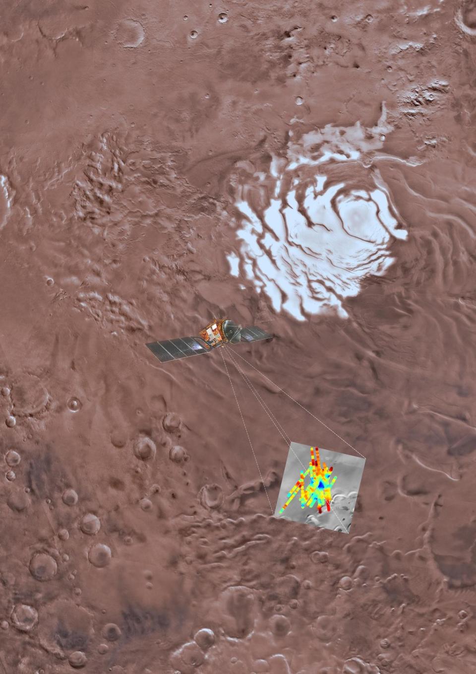 An artist's depiction of Mars Express over a patch of Planum Australe, with data from the study area superimposed on the planet's surface. <cite>USGS Astrogeology Science Center, Arizona State University, ESA, INAF. Graphic rendering by Davide Coero Borga, Media INAF</cite>