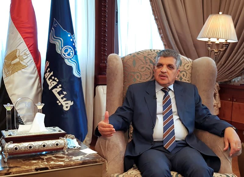 Osama Rabie, Chairman of the Suez Canal Authority, speaks during an interview with Reuters in his office in the city of Ismailia