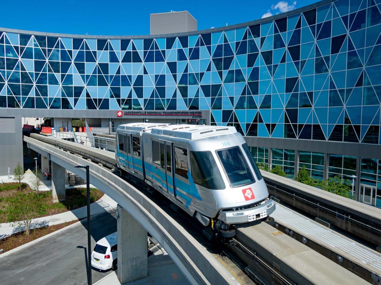 A Skyway train pulls out of the Jacksonville Regional Transportation Center in downtown Jacksonville. The Skyway and the local transportation system in general have often received criticism for lack of access to more residents.