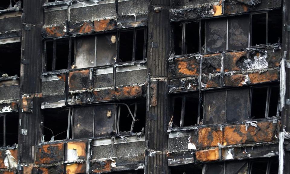 Damage to Grenfell Tower following the fire that has led to tower blocks around the UK being tested.